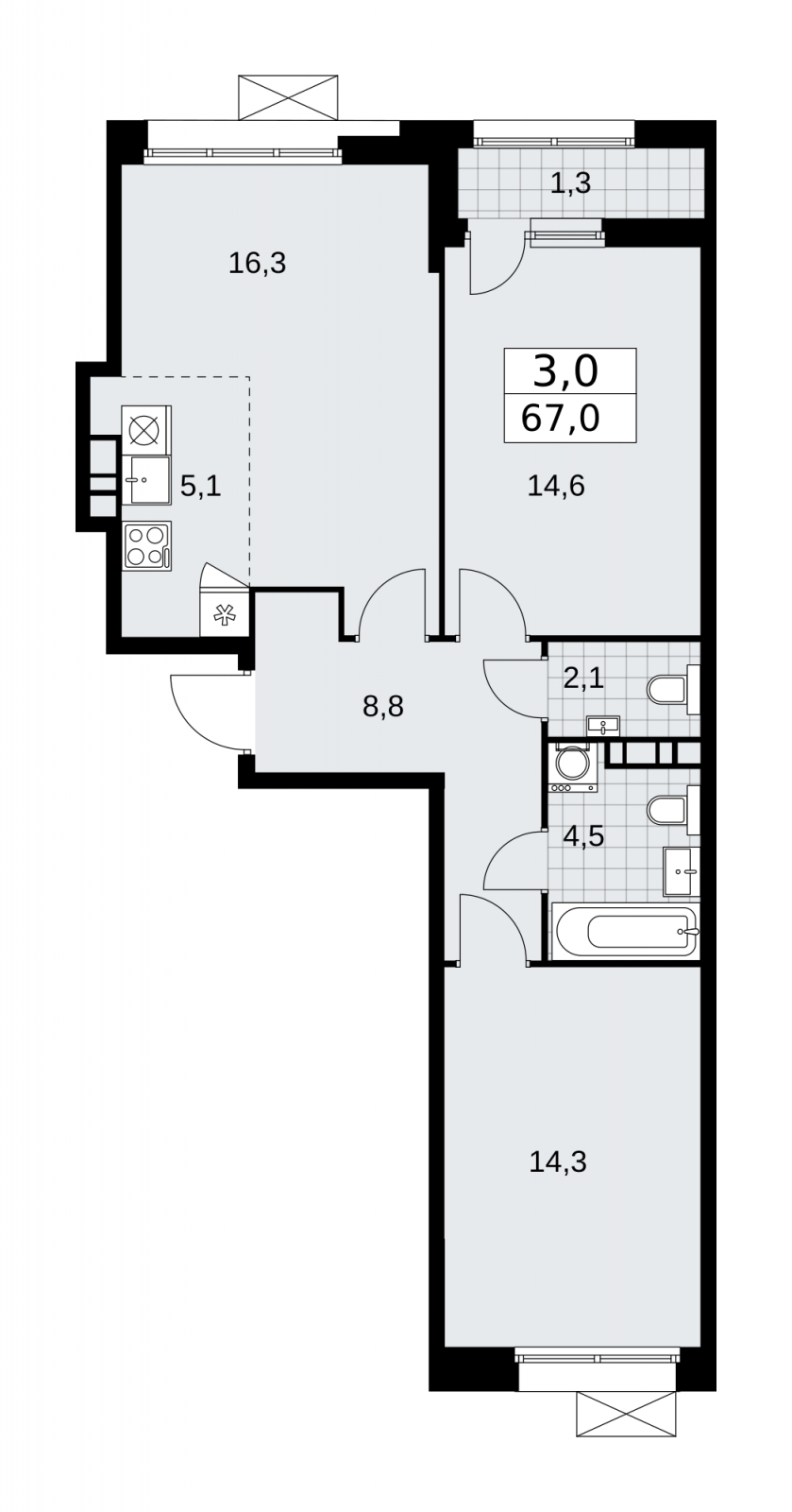 3-комнатная квартира с отделкой в ЖК Бунинские кварталы на 4 этаже в 1 секции. Сдача в 1 кв. 2026 г.