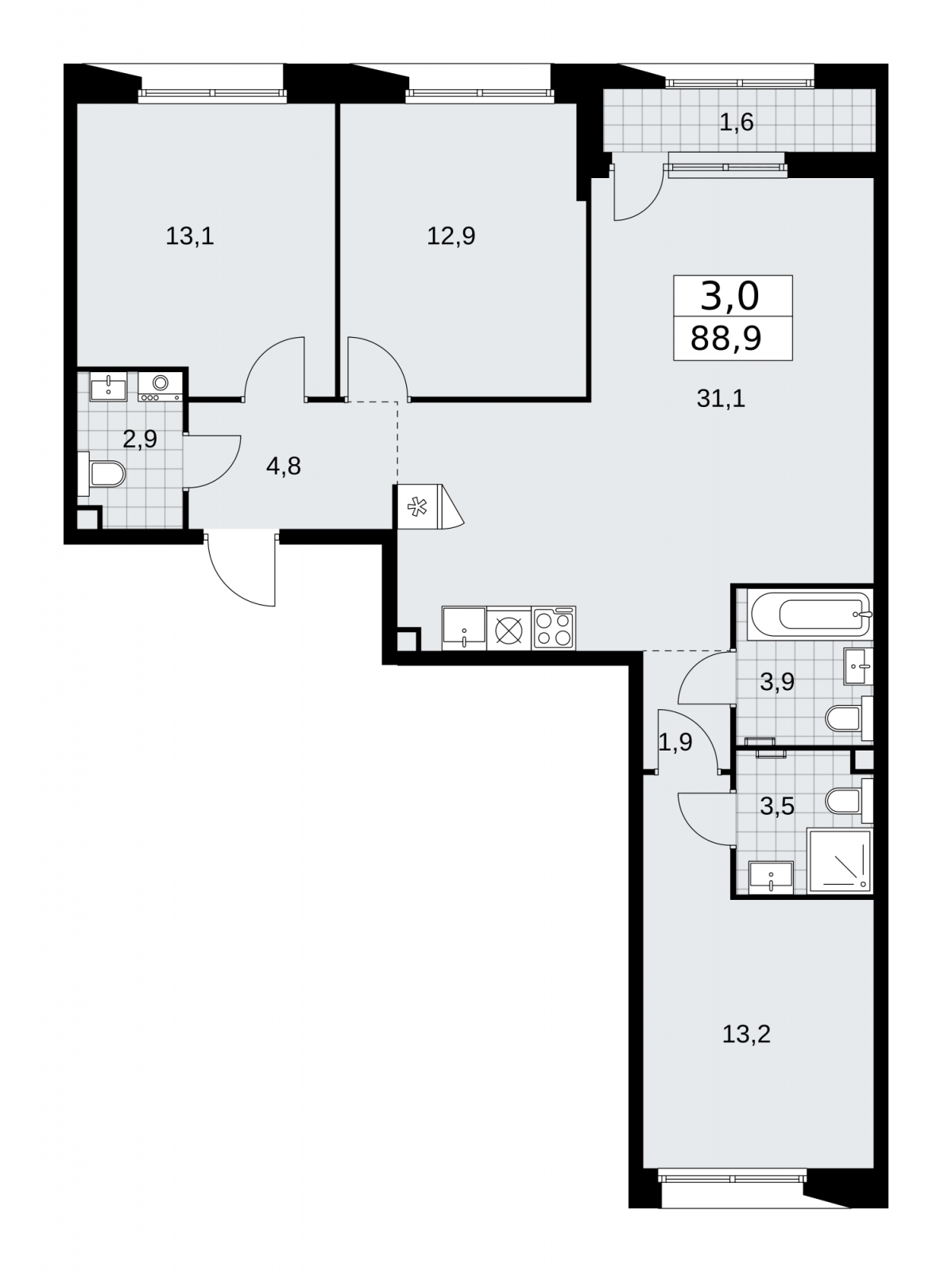3-комнатная квартира в ЖК Бунинские кварталы на 9 этаже в 1 секции. Сдача в 4 кв. 2025 г.