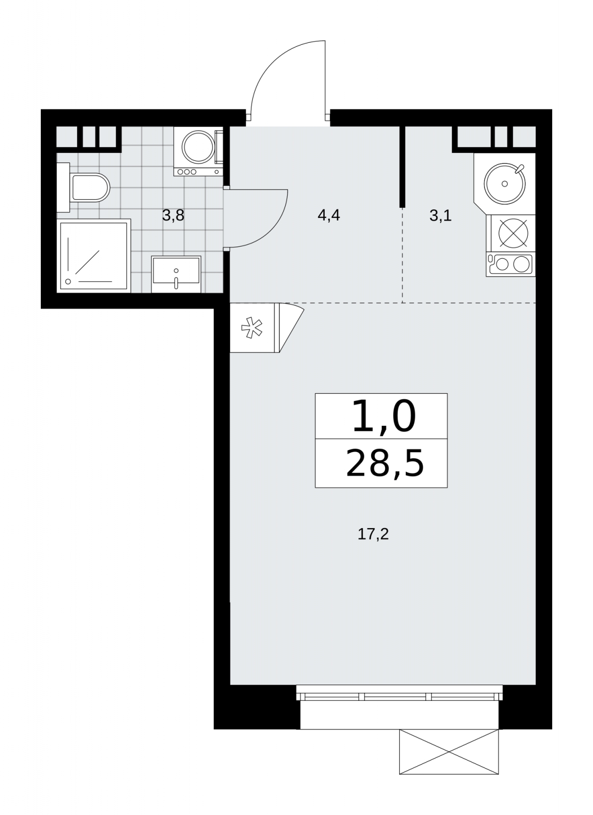 1-комнатная квартира (Студия) с отделкой в ЖК Бунинские кварталы на 17 этаже в 2 секции. Сдача в 2 кв. 2026 г.