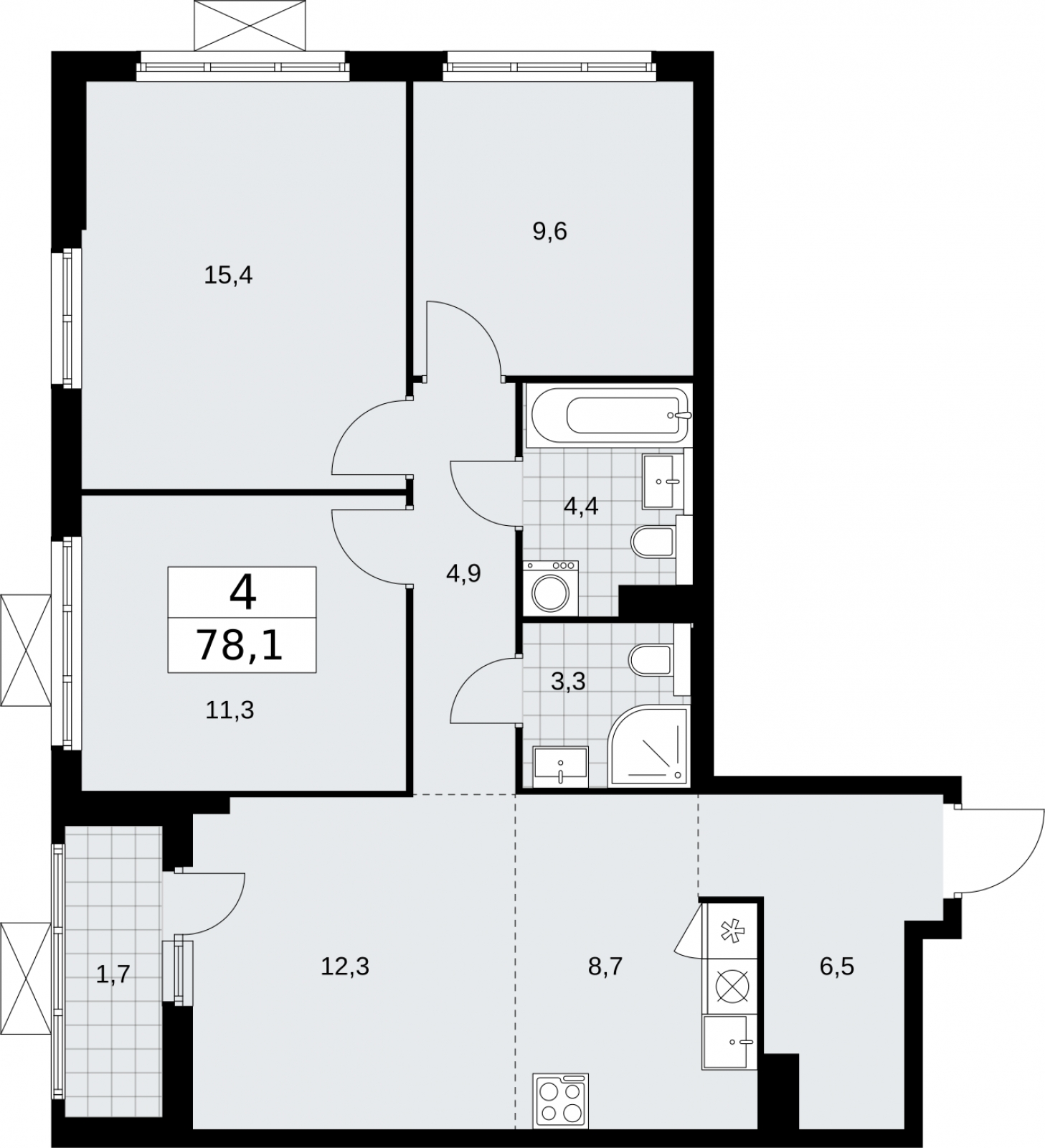 3-комнатная квартира с отделкой в ЖК Бунинские кварталы на 4 этаже в 3 секции. Сдача в 2 кв. 2026 г.