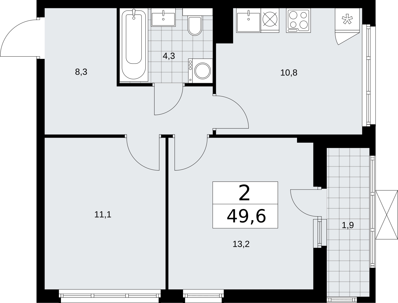 2-комнатная квартира в ЖК Бунинские кварталы на 11 этаже в 1 секции. Сдача в 4 кв. 2025 г.