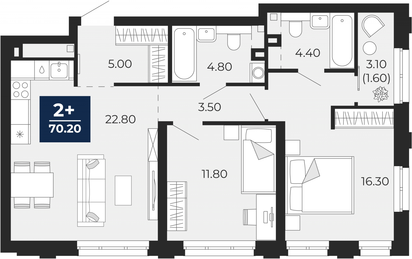 4-комнатная квартира с отделкой в ЖК Бунинские кварталы на 7 этаже в 3 секции. Сдача в 2 кв. 2026 г.
