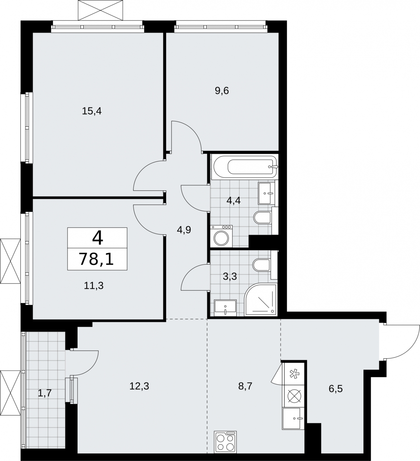 4-комнатная квартира в ЖК Бунинские кварталы на 7 этаже в 1 секции. Сдача в 4 кв. 2025 г.