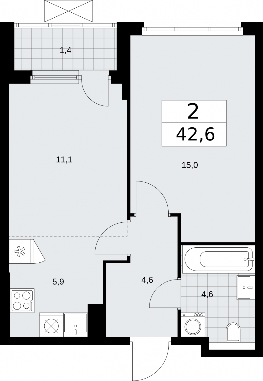 1-комнатная квартира в ЖК Бунинские кварталы на 9 этаже в 2 секции. Сдача в 4 кв. 2025 г.