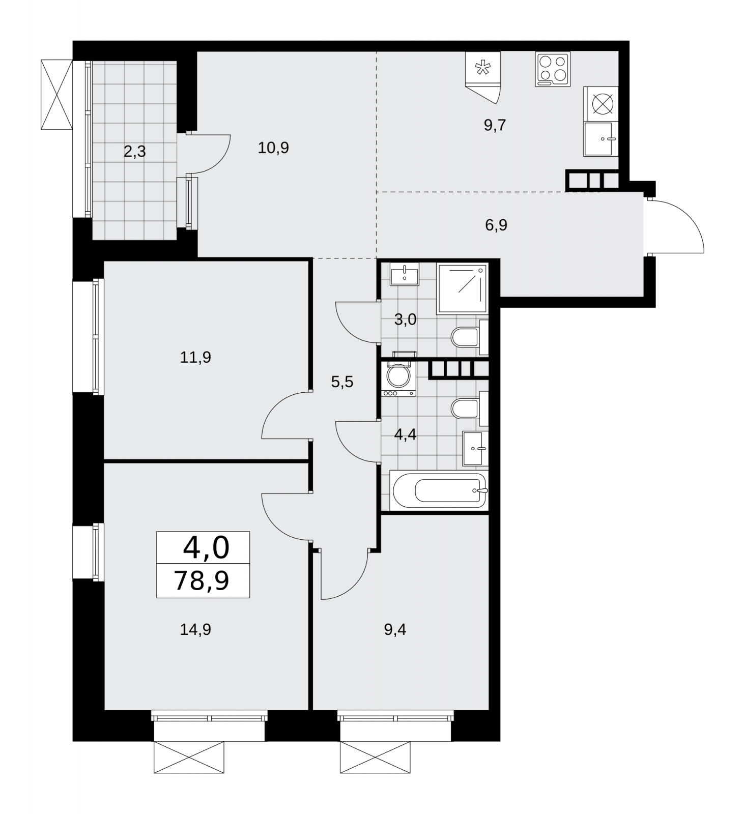 2-комнатная квартира в ЖК Бунинские кварталы на 3 этаже в 2 секции. Сдача в 4 кв. 2025 г.