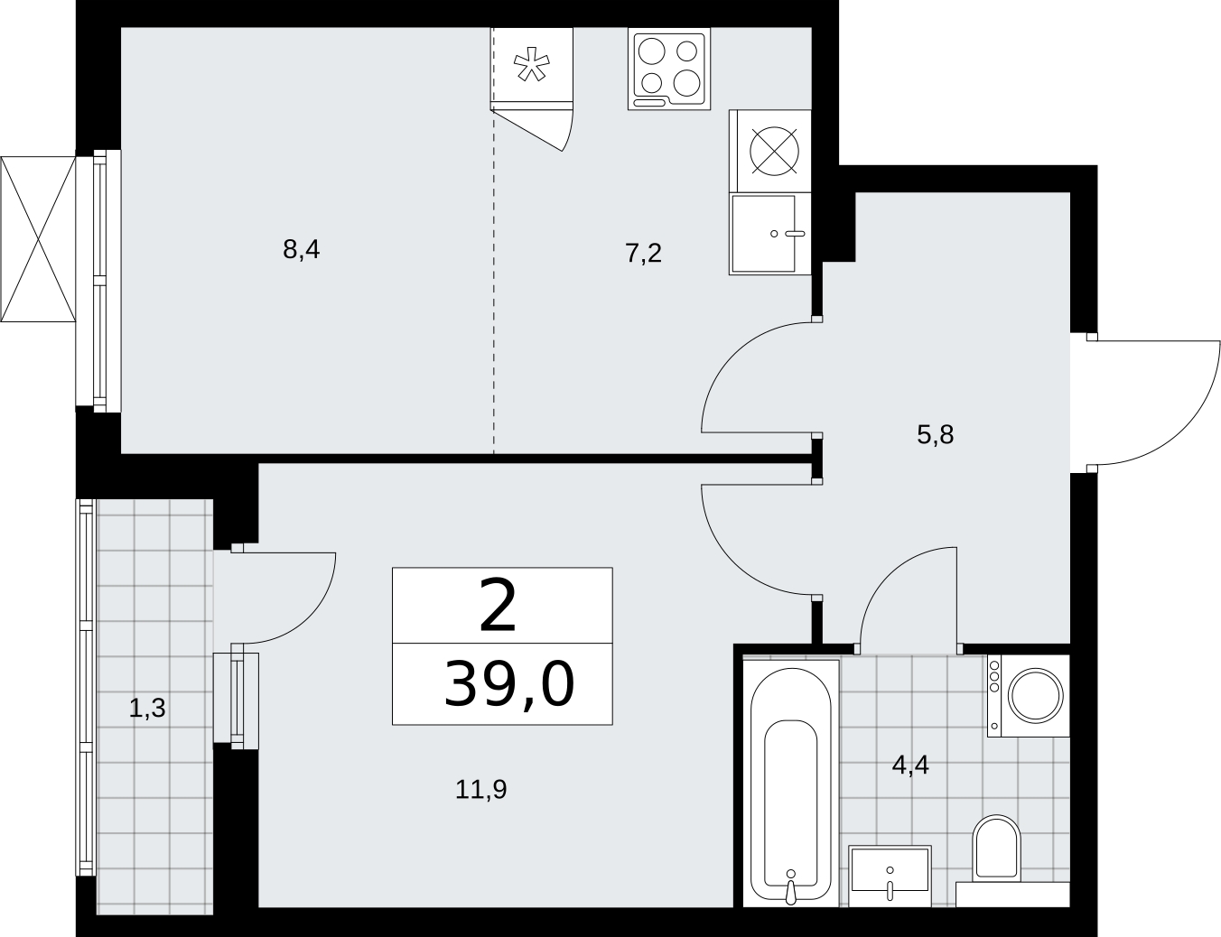 1-комнатная квартира (Студия) с отделкой в ЖК Бунинские кварталы на 12 этаже в 4 секции. Сдача в 2 кв. 2026 г.