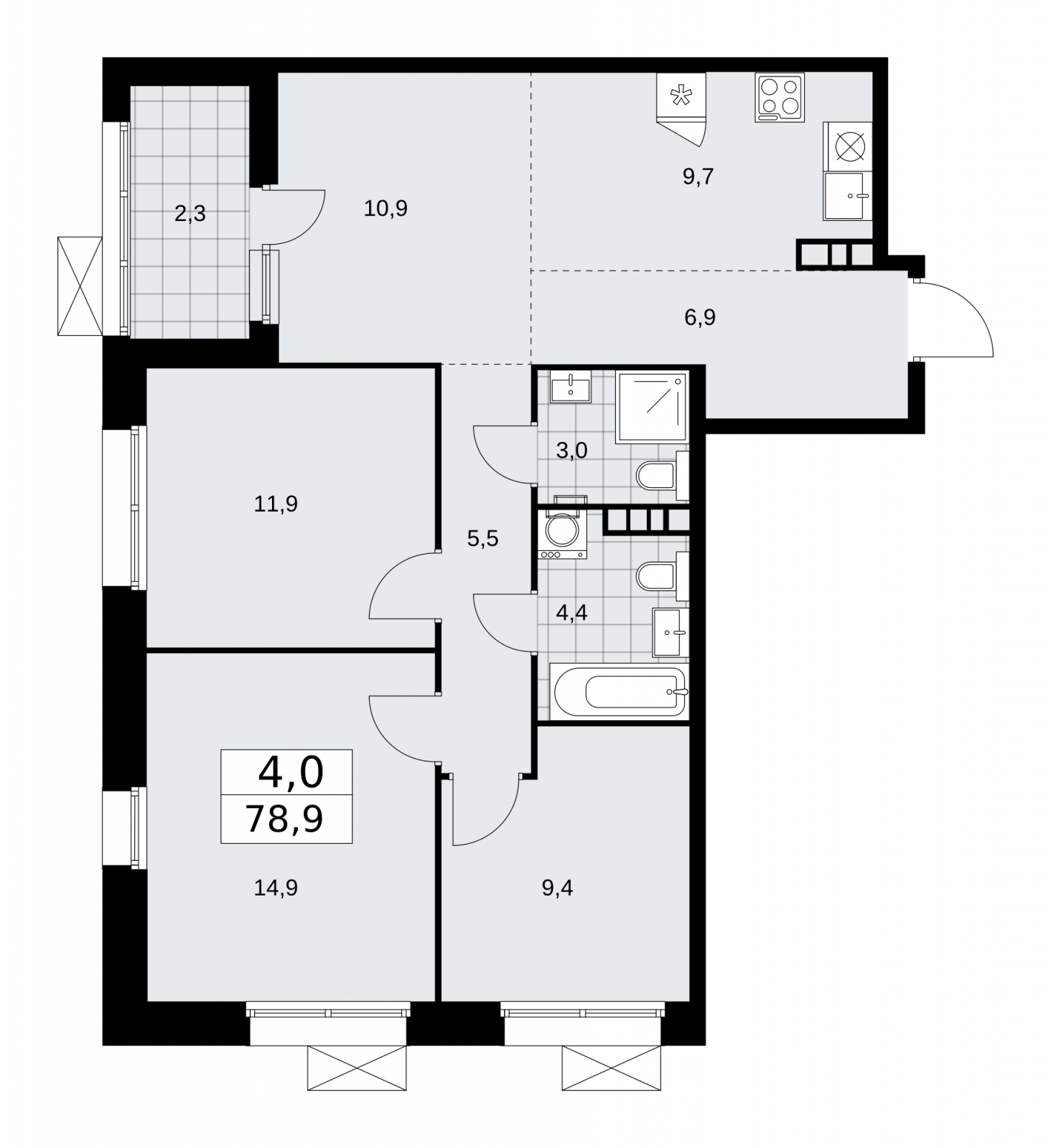 4-комнатная квартира в ЖК Бунинские кварталы на 14 этаже в 1 секции. Сдача в 4 кв. 2025 г.