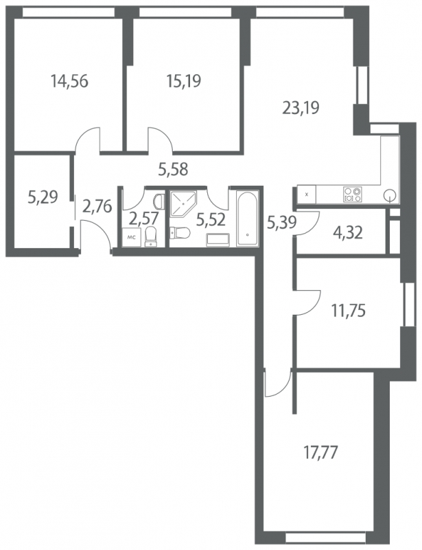 2-комнатная квартира в ЖК Headliner на 4 этаже в 3 секции. Сдача в 4 кв. 2022 г.
