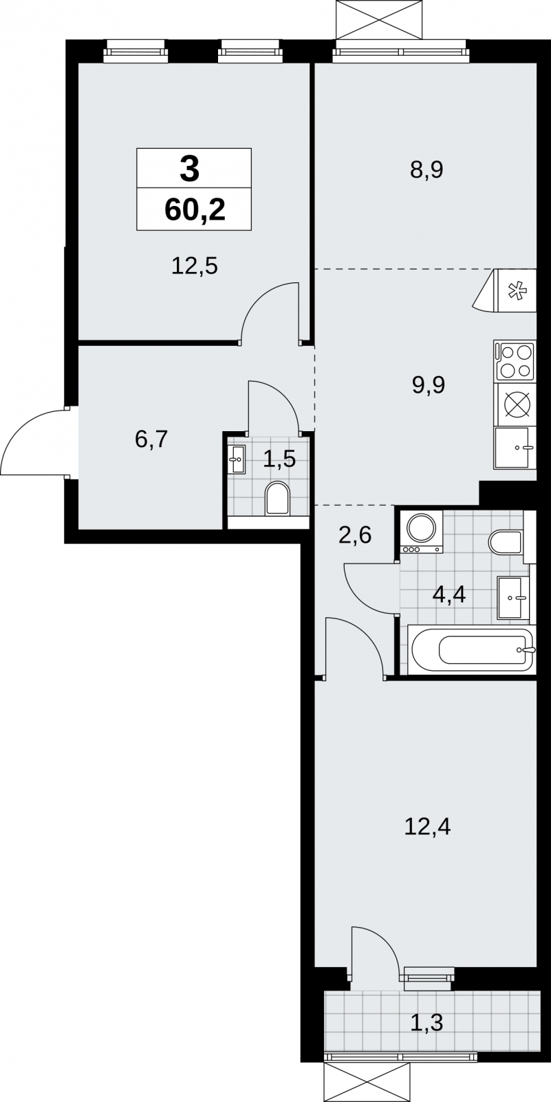 3-комнатная квартира в ЖК Бунинские кварталы на 5 этаже в 1 секции. Сдача в 4 кв. 2025 г.