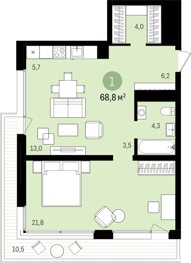 1-комнатная квартира в ЖК Бунинские кварталы на 14 этаже в 1 секции. Сдача в 4 кв. 2025 г.