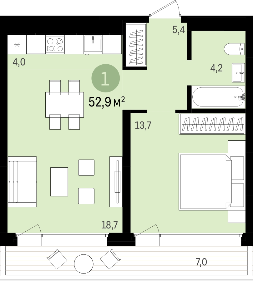 2-комнатная квартира в ЖК Бунинские кварталы на 14 этаже в 1 секции. Сдача в 4 кв. 2025 г.