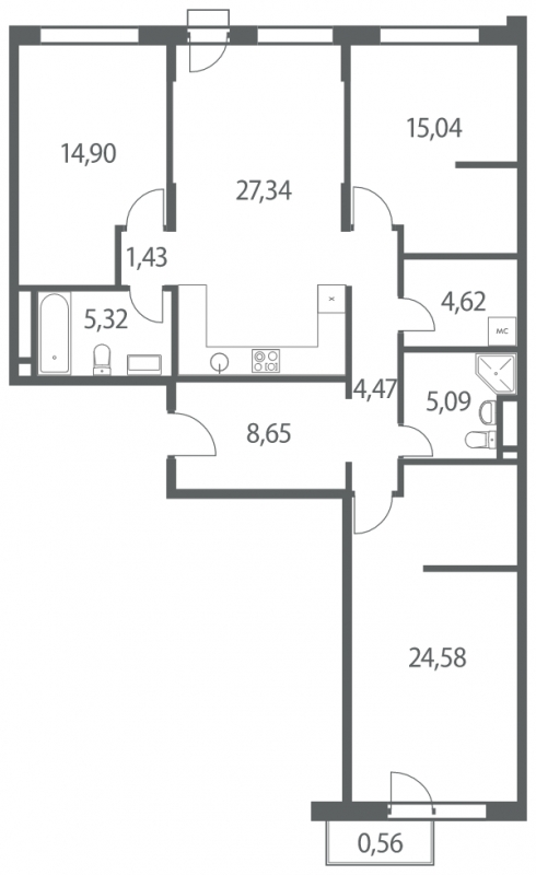 3-комнатная квартира в ЖК Headliner на 3 этаже в 3 секции. Сдача в 4 кв. 2022 г.