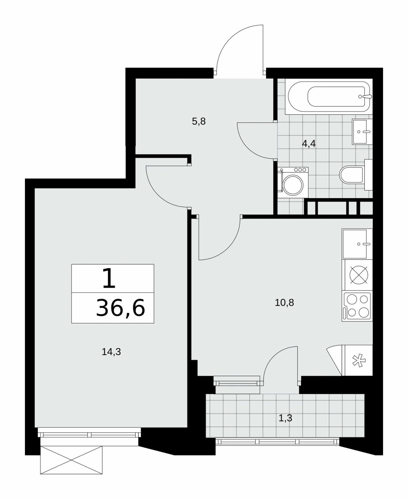 1-комнатная квартира (Студия) с отделкой в ЖК Бунинские кварталы на 12 этаже в 2 секции. Сдача в 2 кв. 2026 г.