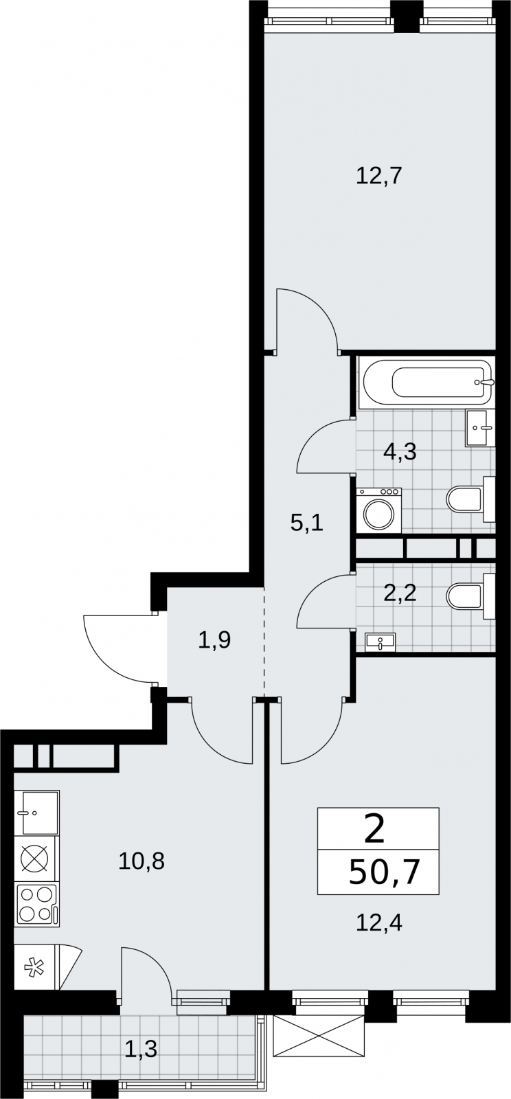 2-комнатная квартира в ЖК Бунинские кварталы на 13 этаже в 1 секции. Сдача в 2 кв. 2026 г.