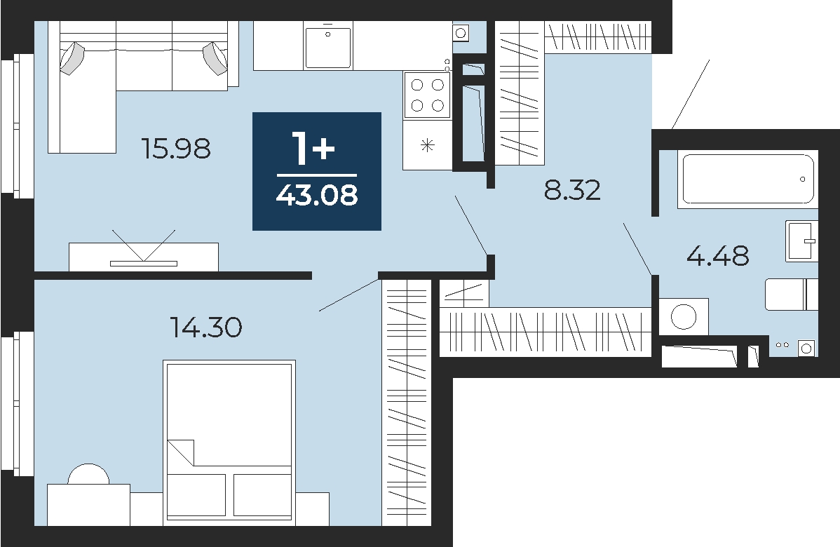 2-комнатная квартира в ЖК Бунинские кварталы на 15 этаже в 1 секции. Сдача в 2 кв. 2026 г.