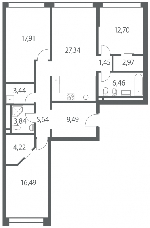 4-комнатная квартира в ЖК Headliner на 14 этаже в 1 секции. Сдача в 4 кв. 2022 г.