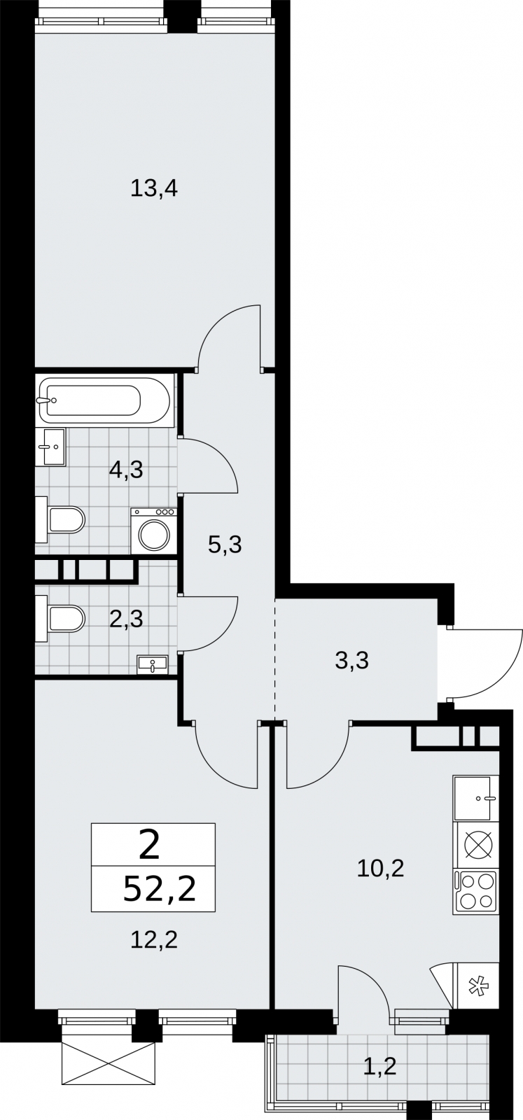 2-комнатная квартира в ЖК Бунинские кварталы на 18 этаже в 1 секции. Сдача в 2 кв. 2026 г.