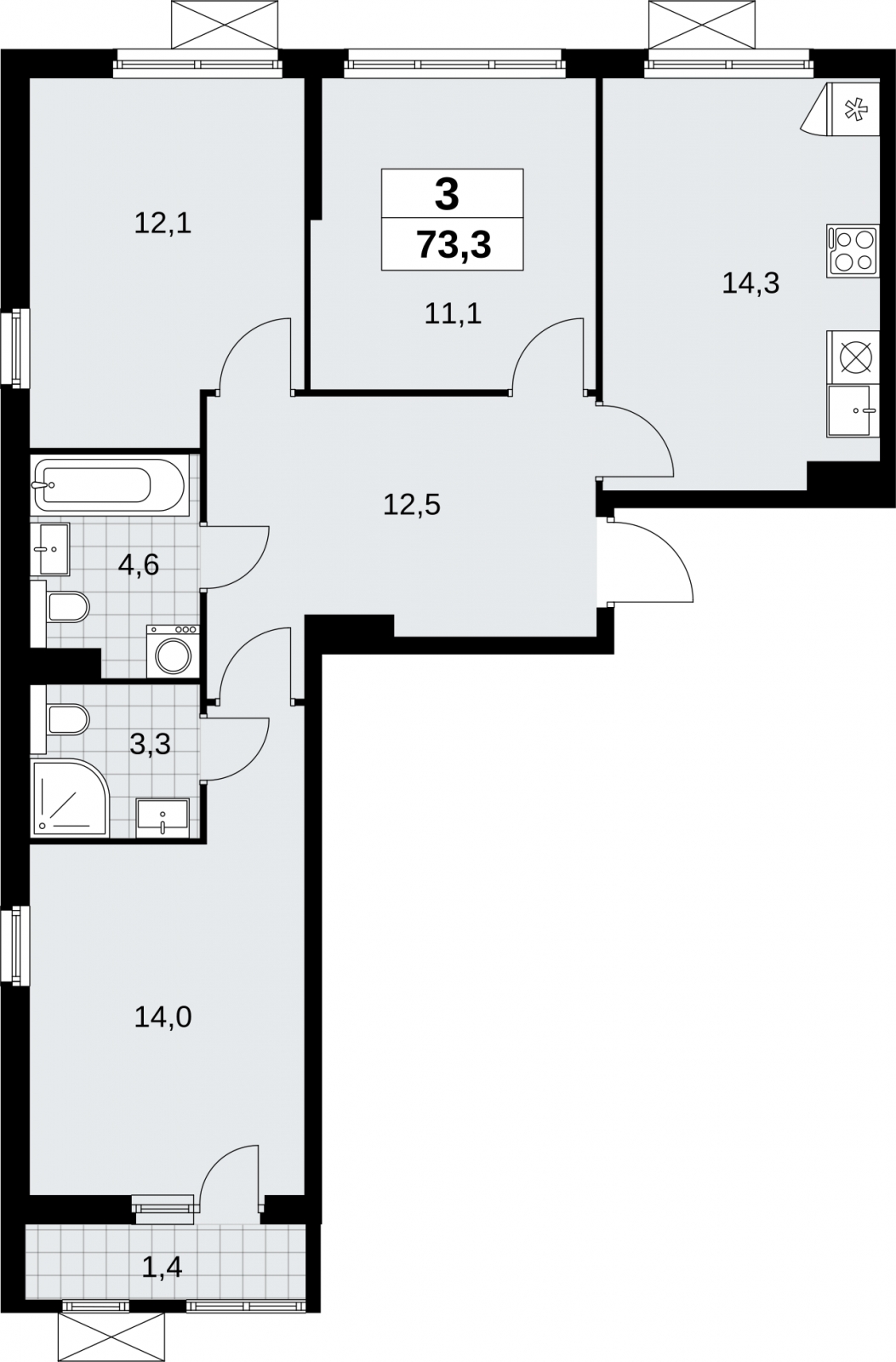 3-комнатная квартира в ЖК Бунинские кварталы на 2 этаже в 2 секции. Сдача в 4 кв. 2025 г.