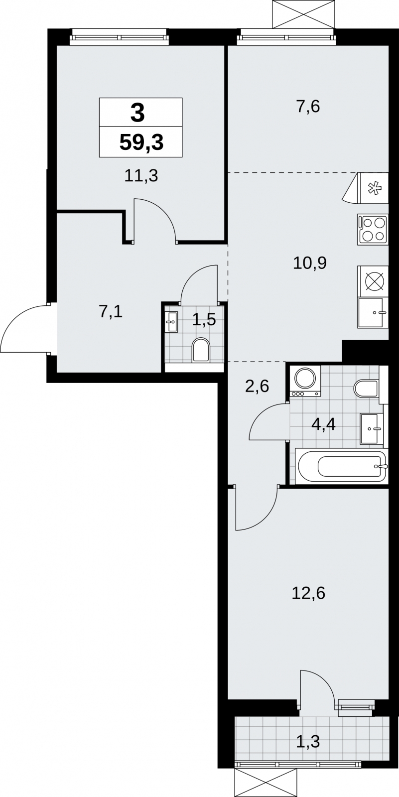 3-комнатная квартира в ЖК Бунинские кварталы на 3 этаже в 2 секции. Сдача в 4 кв. 2025 г.