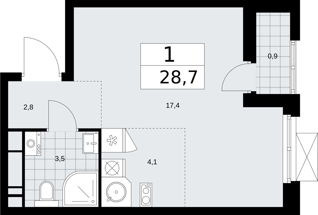1-комнатная квартира в ЖК Бунинские кварталы на 21 этаже в 1 секции. Сдача в 2 кв. 2026 г.
