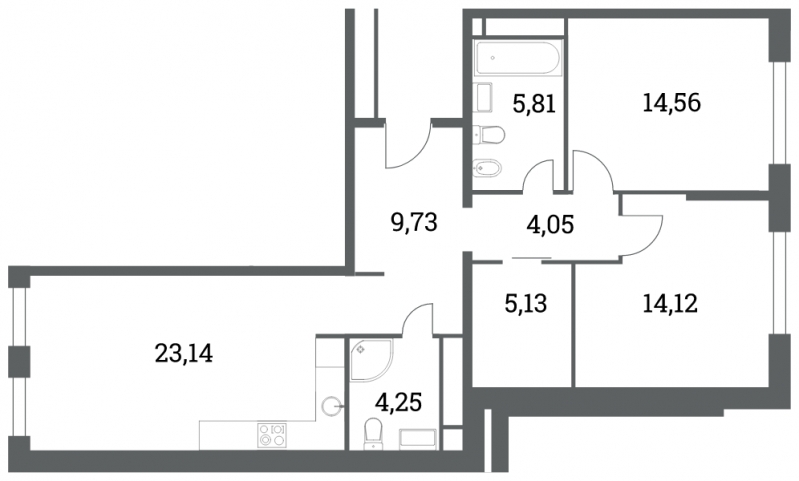 3-комнатная квартира в ЖК Headliner на 3 этаже в 2 секции. Сдача в 4 кв. 2022 г.