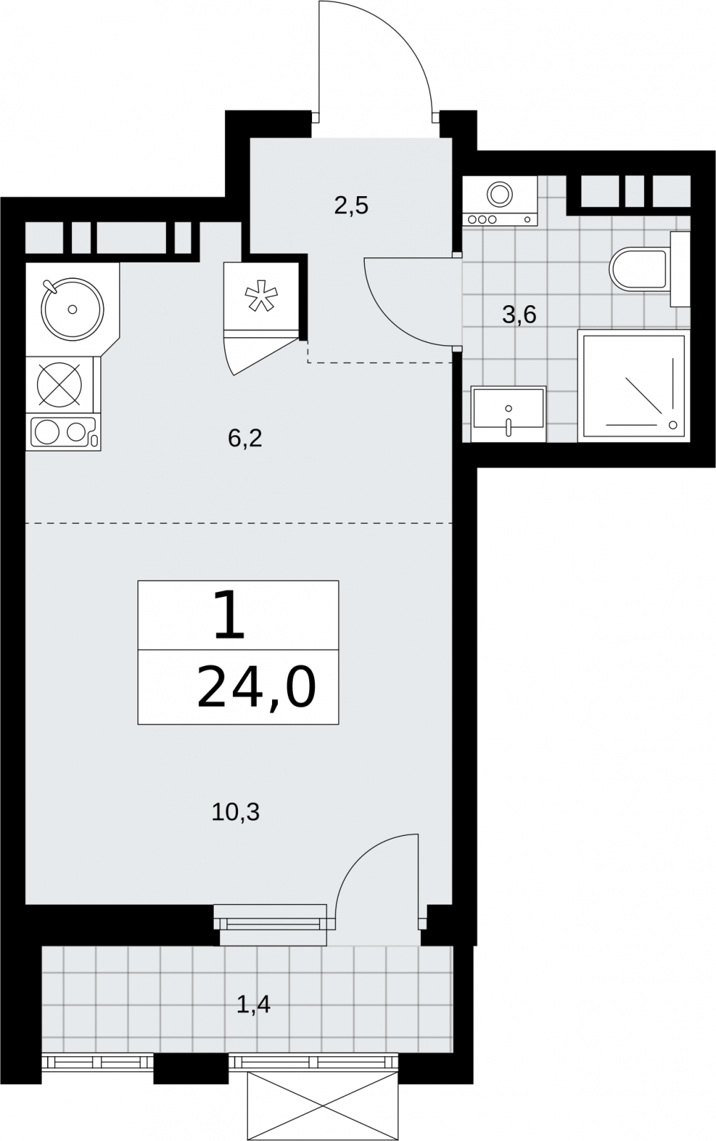 1-комнатная квартира (Студия) с отделкой в ЖК Бунинские кварталы на 14 этаже в 2 секции. Сдача в 2 кв. 2026 г.