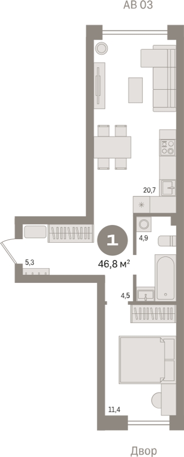 1-комнатная квартира в ЖК Бунинские кварталы на 21 этаже в 1 секции. Сдача в 2 кв. 2026 г.