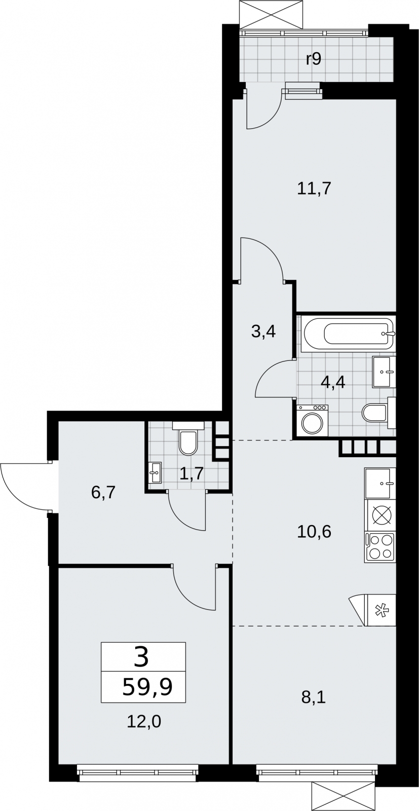 3-комнатная квартира в ЖК Созидатели на 4 этаже в 1 секции. Сдача в 1 кв. 2023 г.