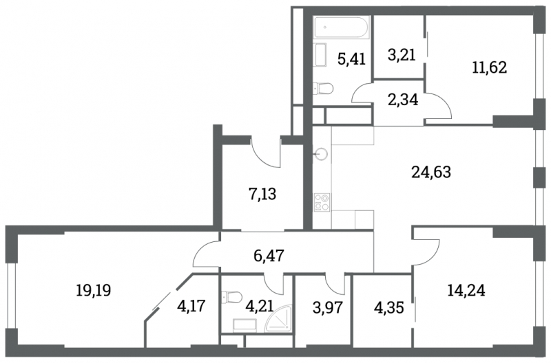 3-комнатная квартира в ЖК Headliner на 8 этаже в 2 секции. Сдача в 4 кв. 2022 г.