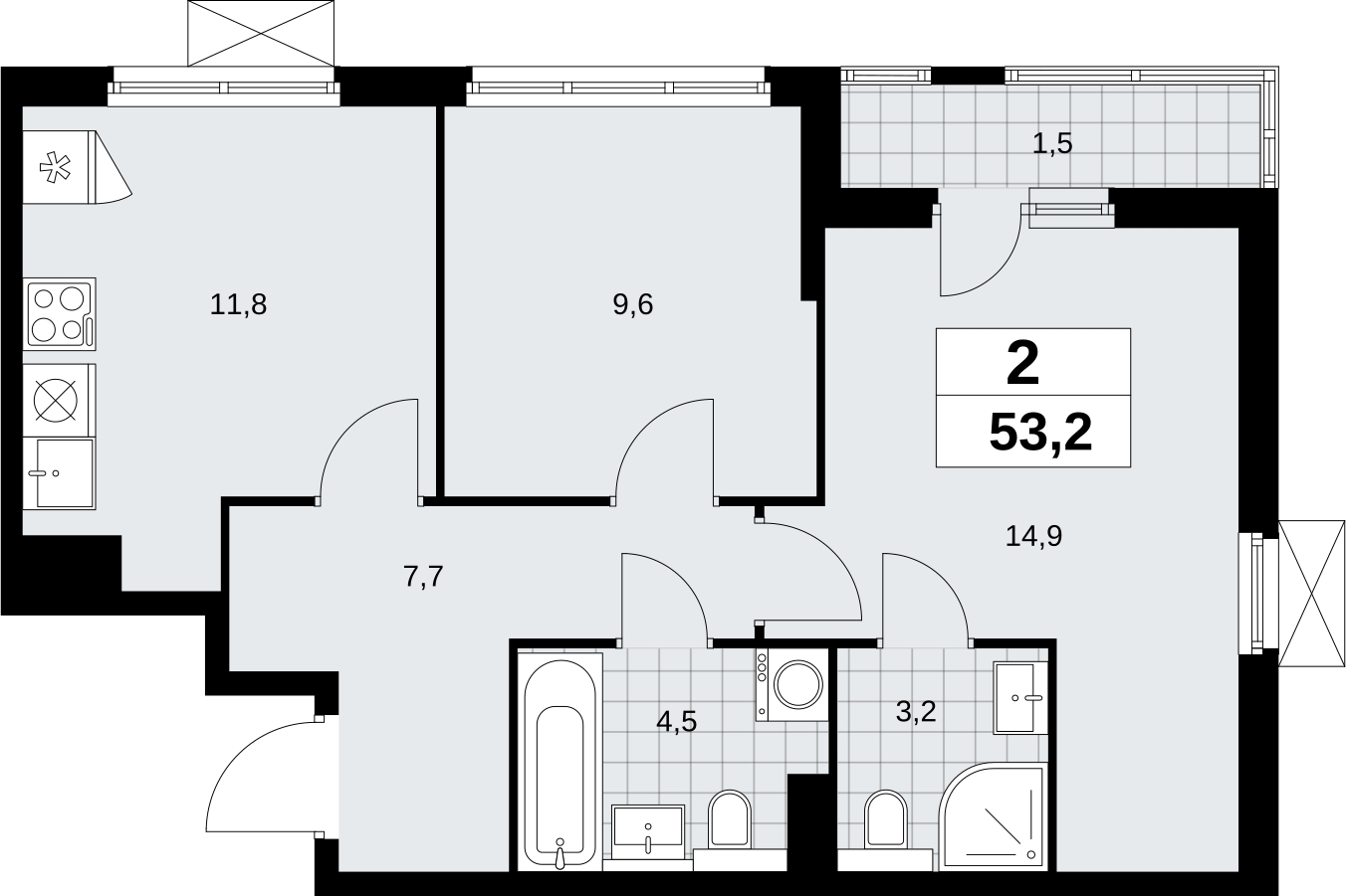 2-комнатная квартира в ЖК Бунинские кварталы на 6 этаже в 1 секции. Сдача в 2 кв. 2026 г.