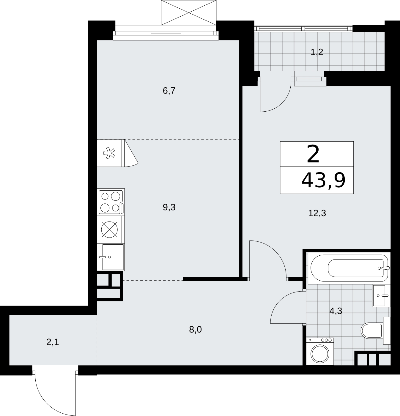 2-комнатная квартира в ЖК Бунинские кварталы на 6 этаже в 1 секции. Сдача в 2 кв. 2026 г.