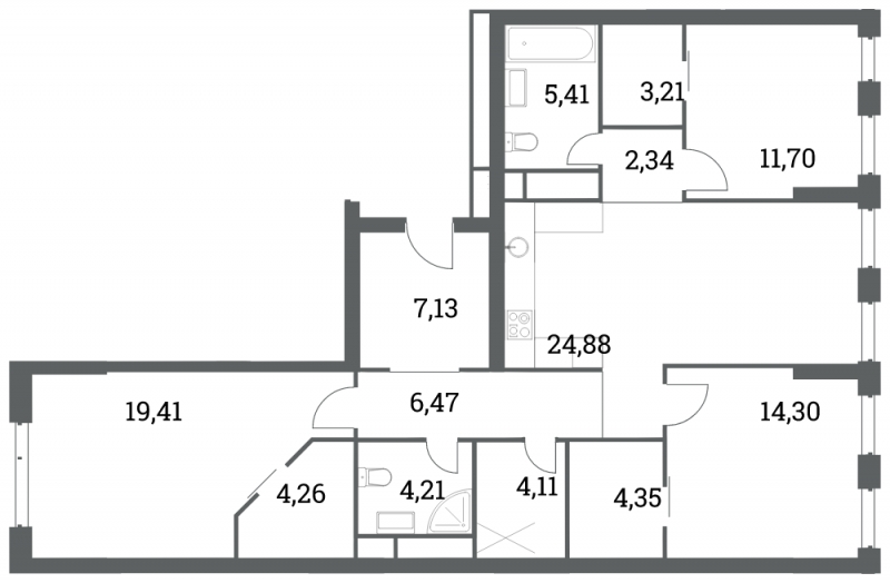 3-комнатная квартира в ЖК Headliner на 4 этаже в 2 секции. Сдача в 4 кв. 2022 г.