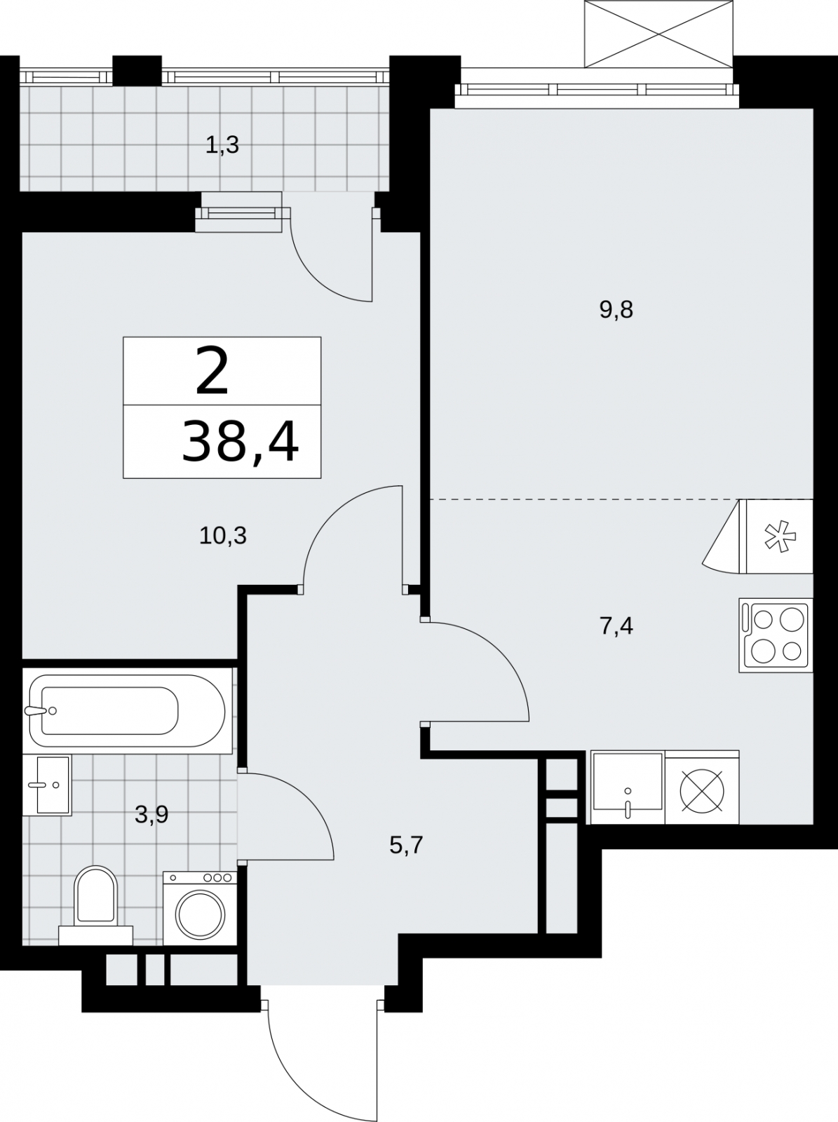 2-комнатная квартира в ЖК Бунинские кварталы на 10 этаже в 1 секции. Сдача в 2 кв. 2026 г.
