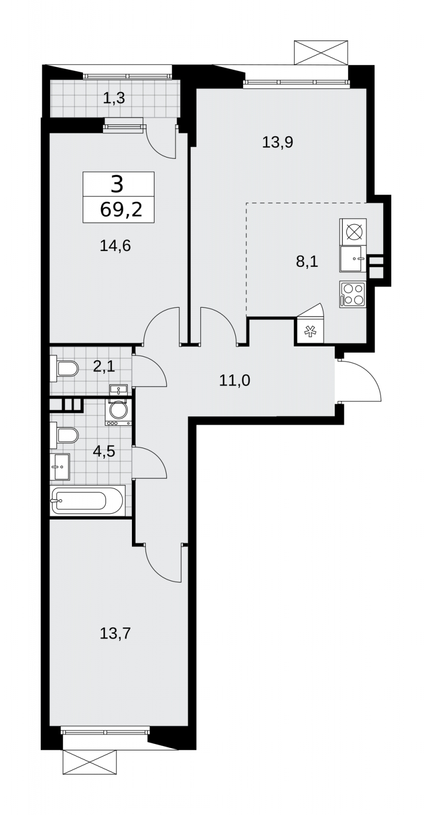 3-комнатная квартира с отделкой в ЖК Crystal на 33 этаже в 1 секции. Сдача в 4 кв. 2020 г.
