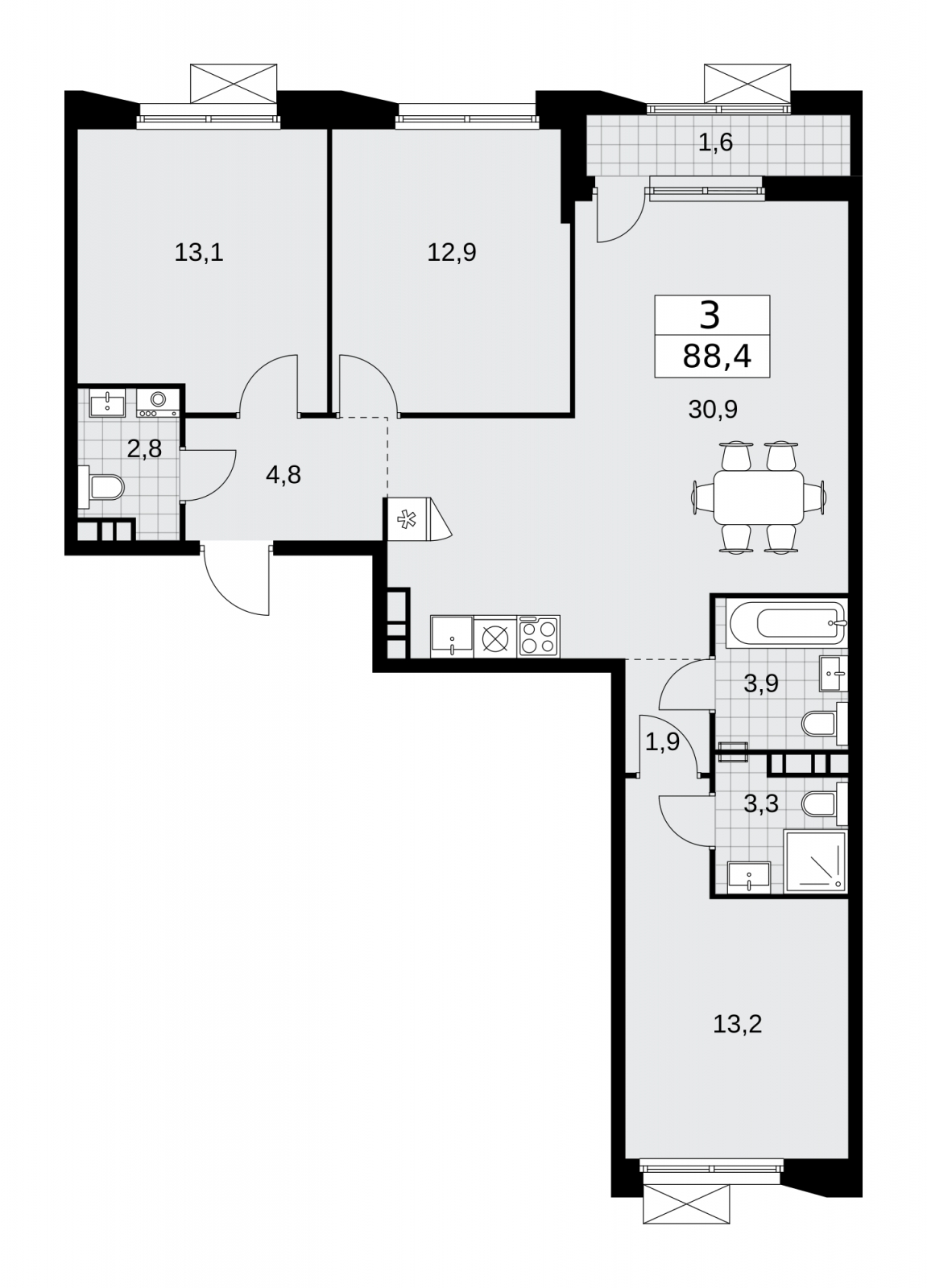 3-комнатная квартира с отделкой в ЖК Crystal на 34 этаже в 1 секции. Сдача в 4 кв. 2020 г.