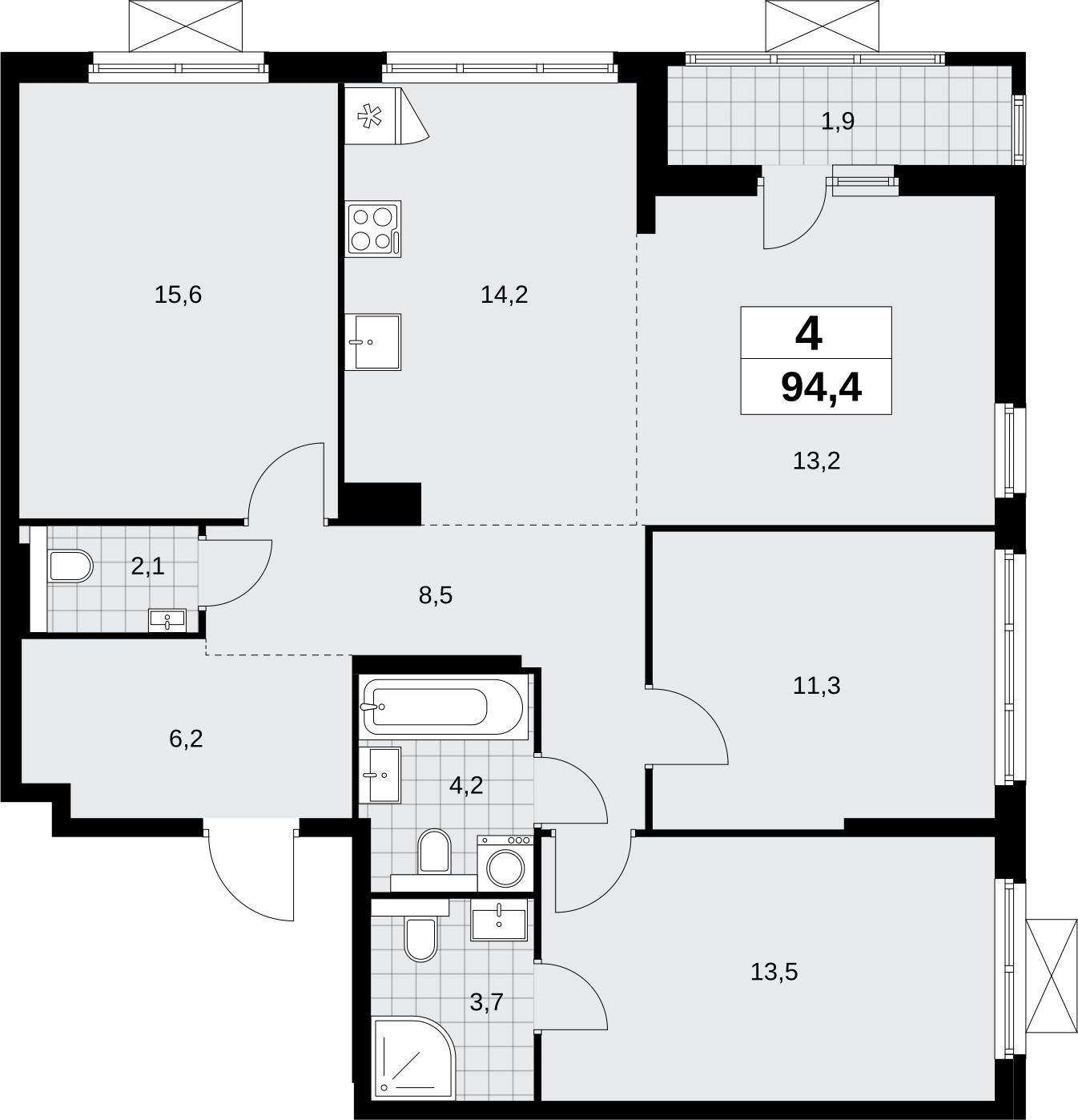 3-комнатная квартира в ЖК Бунинские кварталы на 8 этаже в 1 секции. Сдача в 2 кв. 2026 г.
