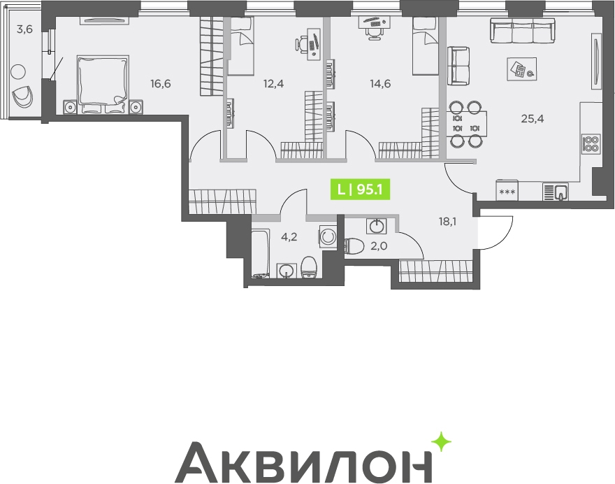 3-комнатная квартира в ЖК Бунинские кварталы на 5 этаже в 1 секции. Сдача в 2 кв. 2026 г.