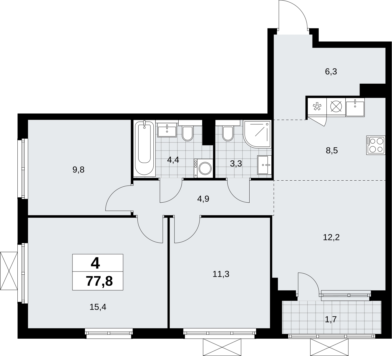 3-комнатная квартира в ЖК Бунинские кварталы на 5 этаже в 1 секции. Сдача в 2 кв. 2026 г.