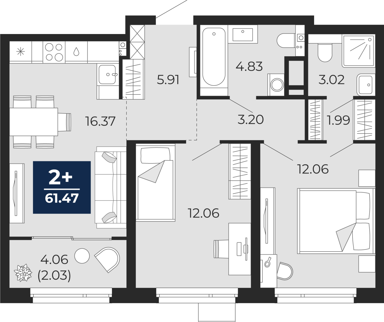 3-комнатная квартира в ЖК Бунинские кварталы на 6 этаже в 1 секции. Сдача в 2 кв. 2026 г.