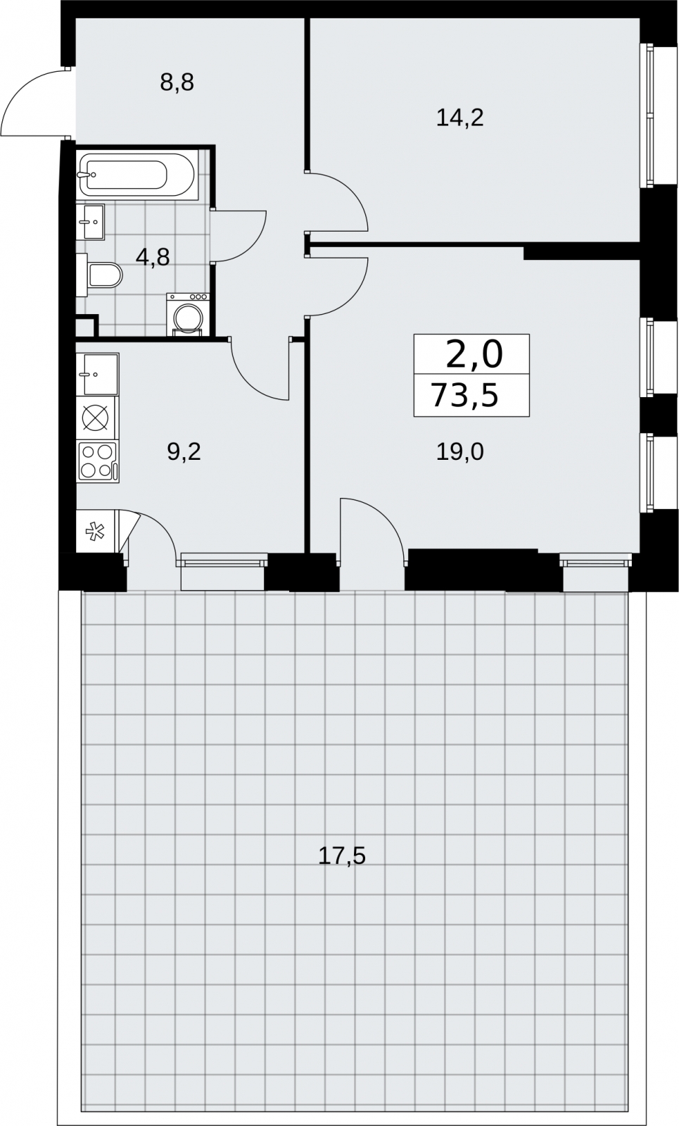2-комнатная квартира в ЖК Бунинские кварталы на 7 этаже в 1 секции. Сдача в 2 кв. 2026 г.