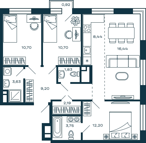 3-комнатная квартира в ЖК М_5 на 22 этаже в 1 секции. Сдача в 3 кв. 2025 г.