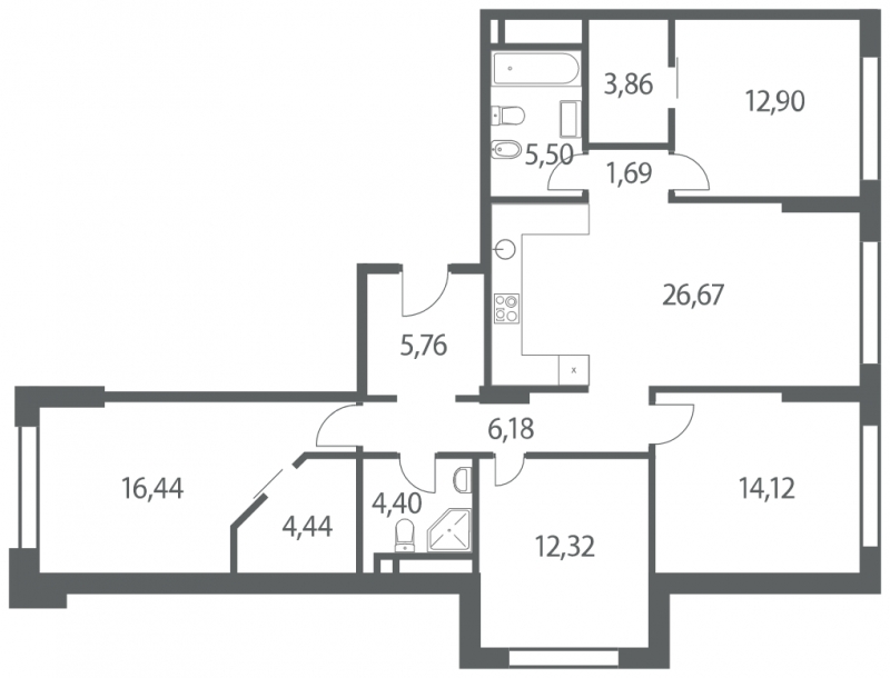 3-комнатная квартира в ЖК Headliner на 13 этаже в 2 секции. Сдача в 4 кв. 2022 г.