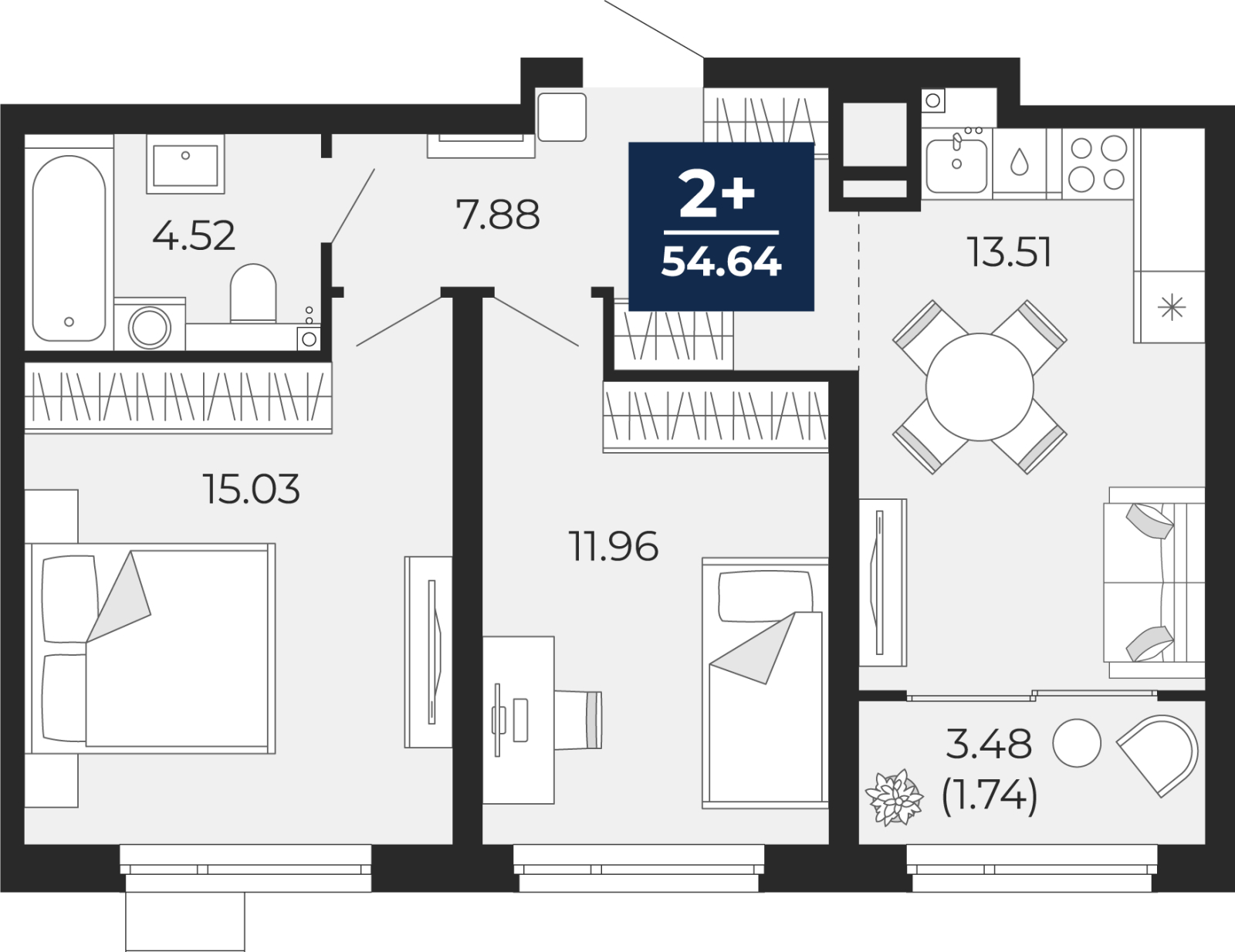 3-комнатная квартира в ЖК Бунинские кварталы на 14 этаже в 1 секции. Сдача в 2 кв. 2026 г.