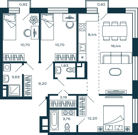 3-комнатная квартира в ЖК М_5 на 21 этаже в 1 секции. Сдача в 3 кв. 2025 г.