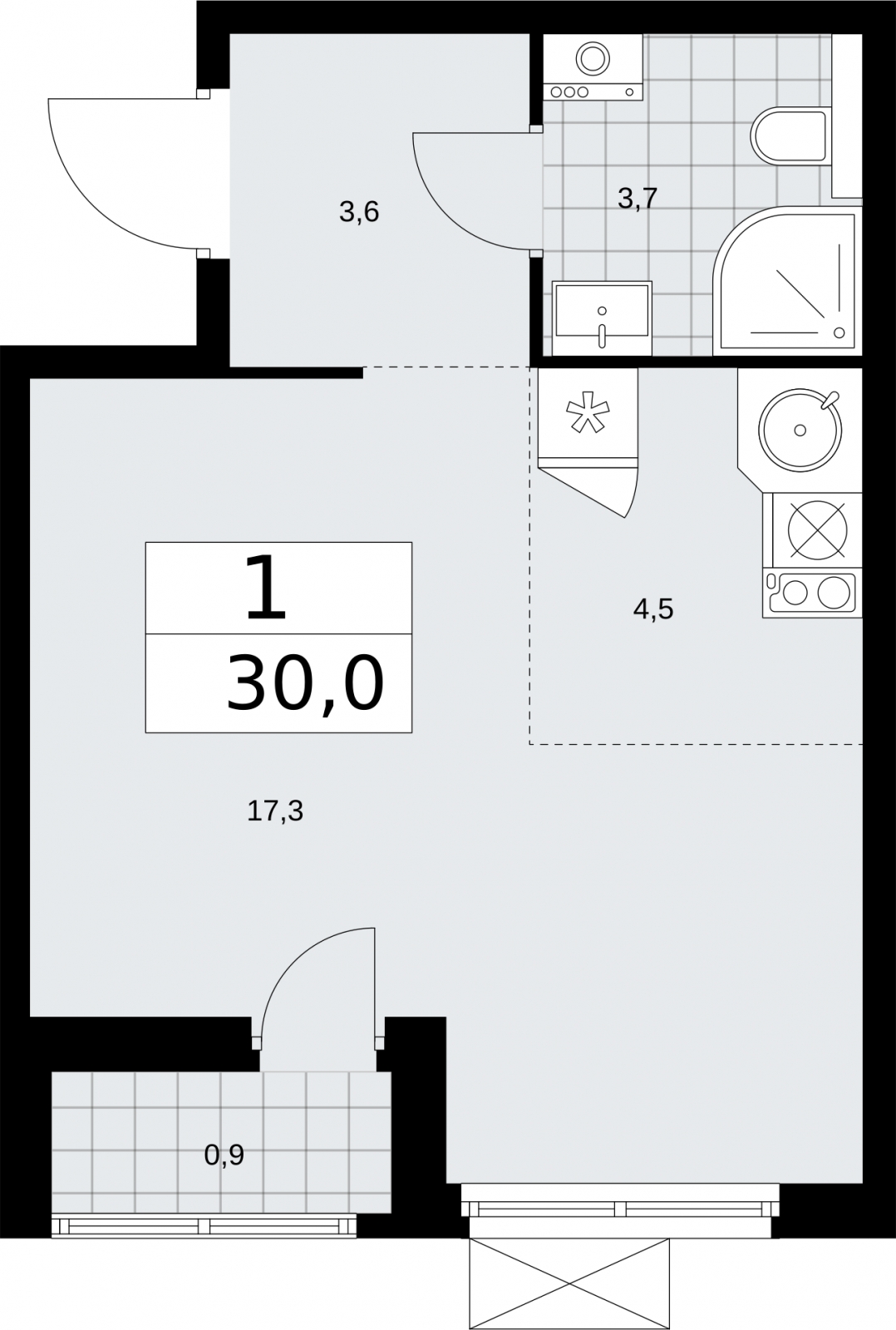 1-комнатная квартира (Студия) в ЖК Бунинские кварталы на 17 этаже в 1 секции. Сдача в 2 кв. 2026 г.