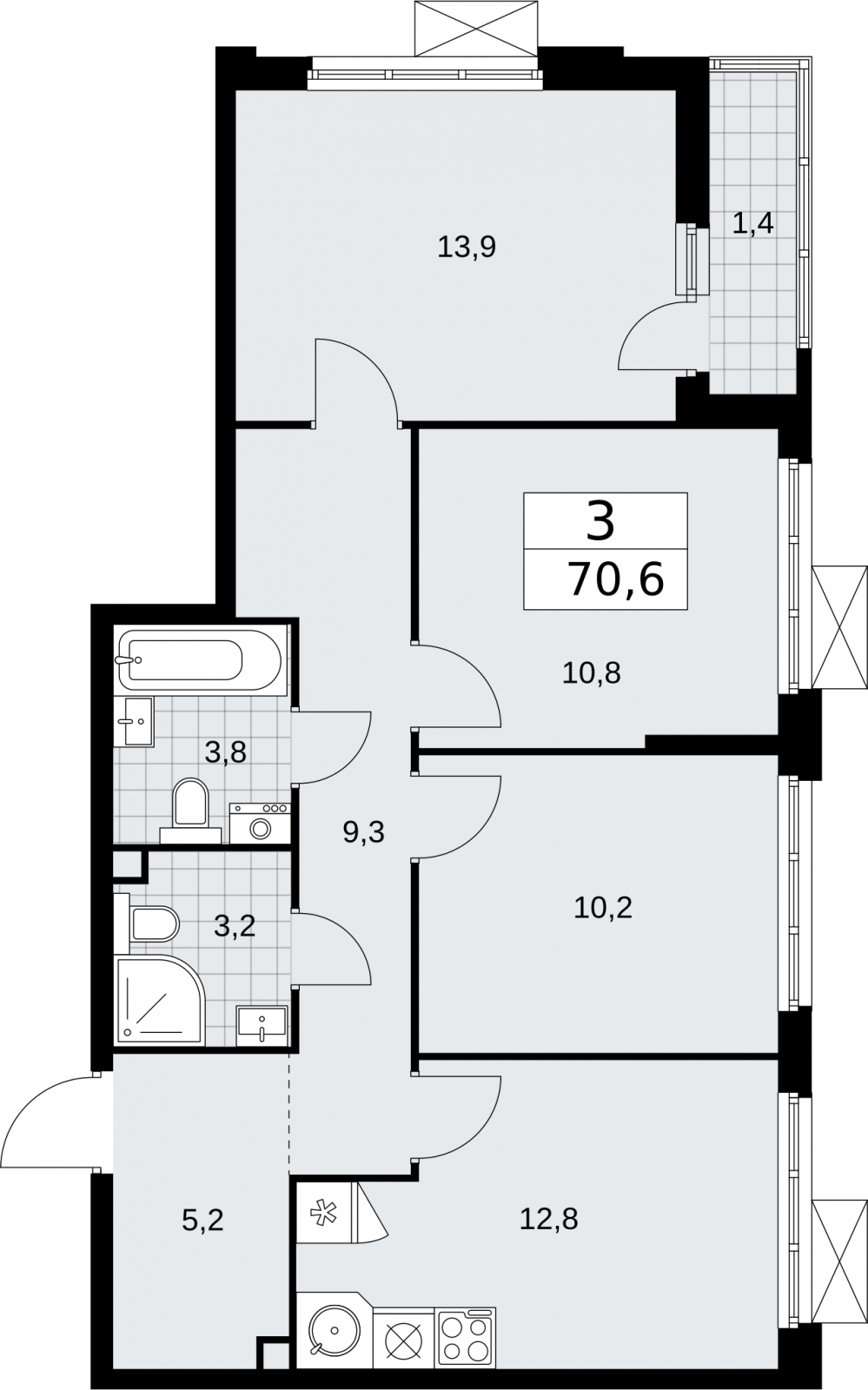 2-комнатная квартира в ЖК Бунинские кварталы на 3 этаже в 1 секции. Сдача в 4 кв. 2025 г.