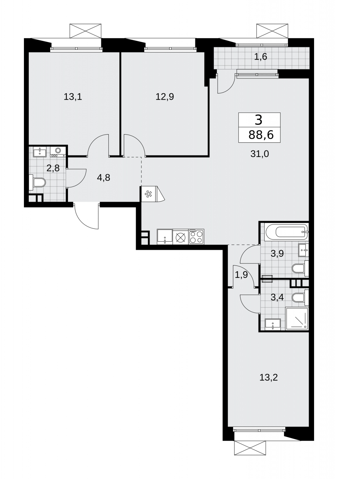 3-комнатная квартира в ЖК TopHILLS на 7 этаже в 1 секции. Сдача в 1 кв. 2023 г.
