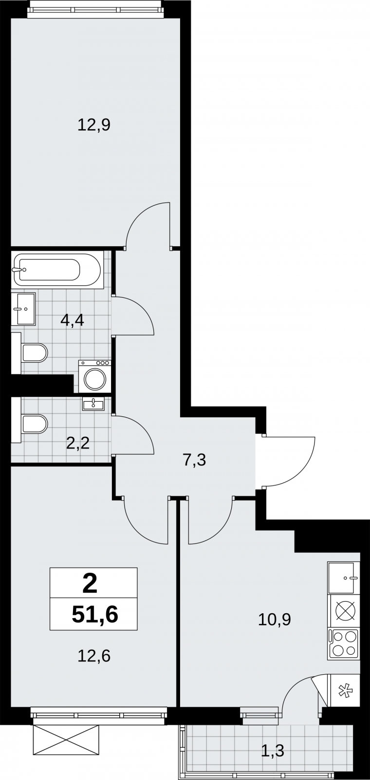 1-комнатная квартира в ЖК Бунинские кварталы на 19 этаже в 1 секции. Сдача в 2 кв. 2026 г.