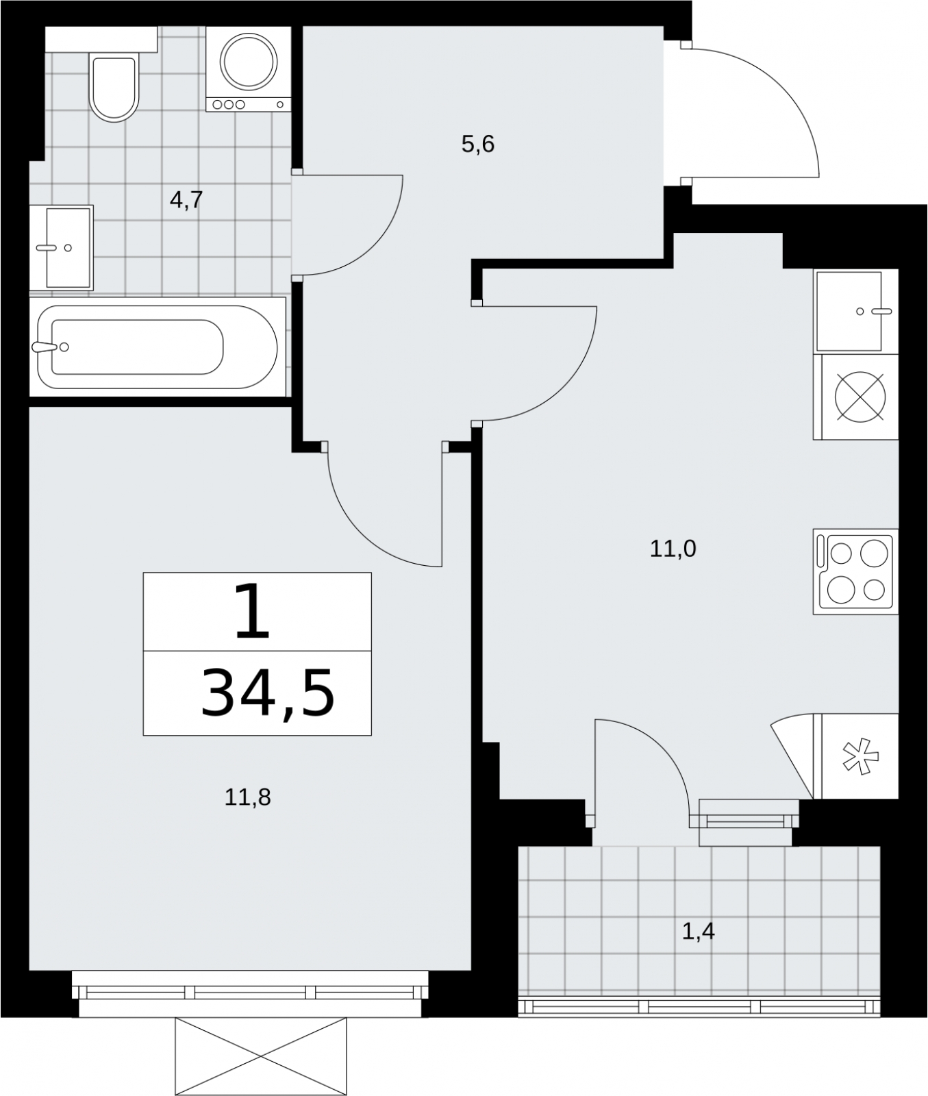 1-комнатная квартира (Студия) с отделкой в ЖК Бунинские кварталы на 7 этаже в 6 секции. Сдача в 2 кв. 2026 г.