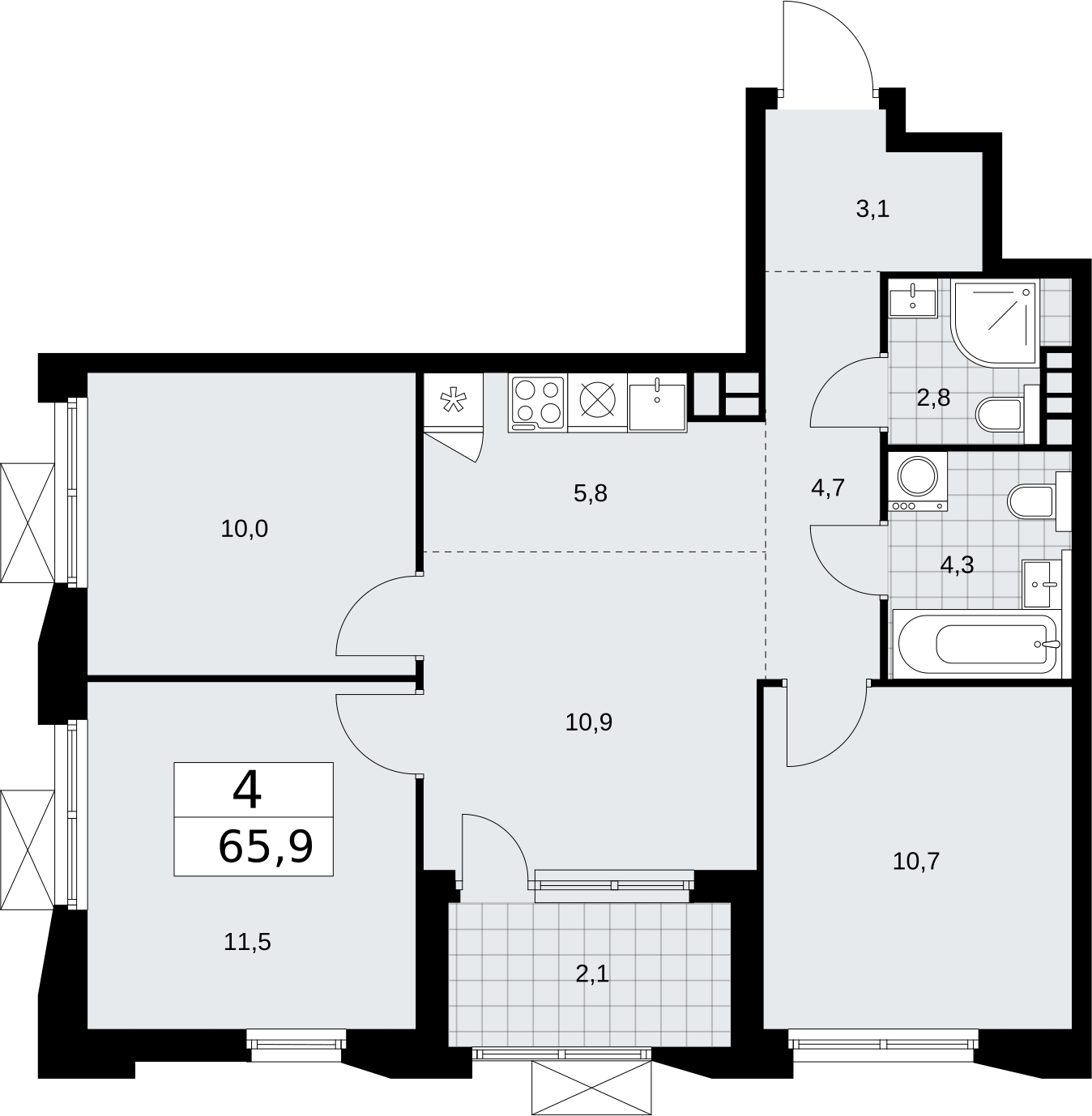 4-комнатная квартира в ЖК Бунинские кварталы на 9 этаже в 2 секции. Сдача в 2 кв. 2026 г.